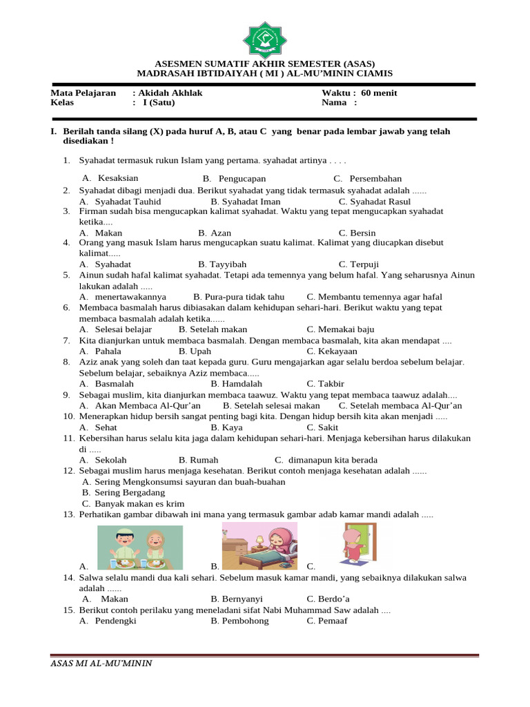 Soal Akidah Akhlak Kelas I MI Al-Mu minin PDF