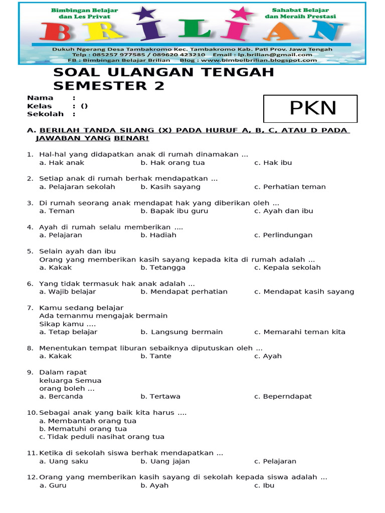 Soal PKN Kelas 1 SD Semester 2 PDF