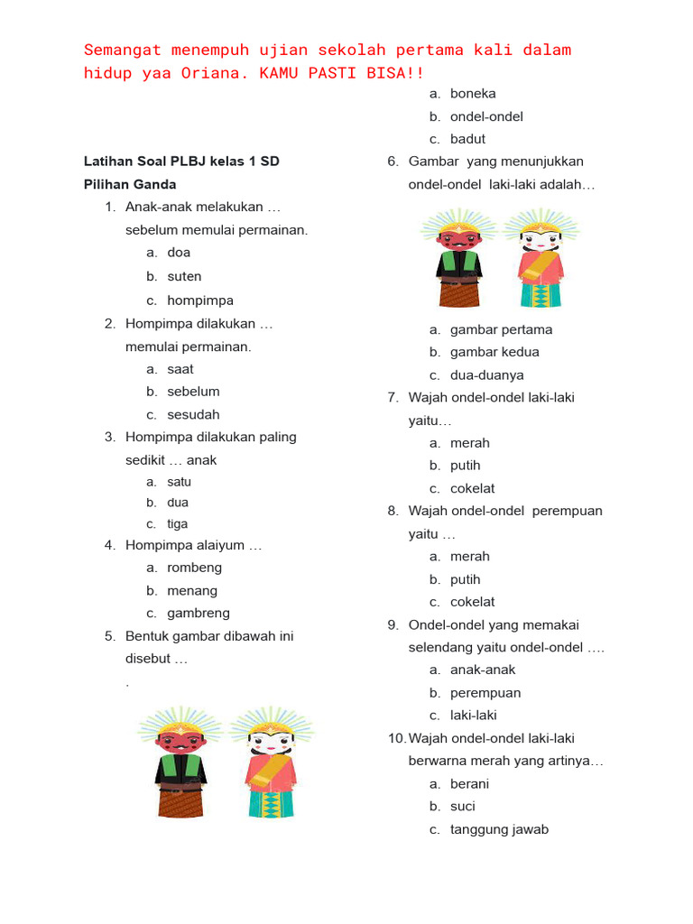 7 Contoh Soal PLBJ Kelas 1 Semester 1 Terbaru 2026 untuk Latihan Si Kecil Agar Makin Jago
