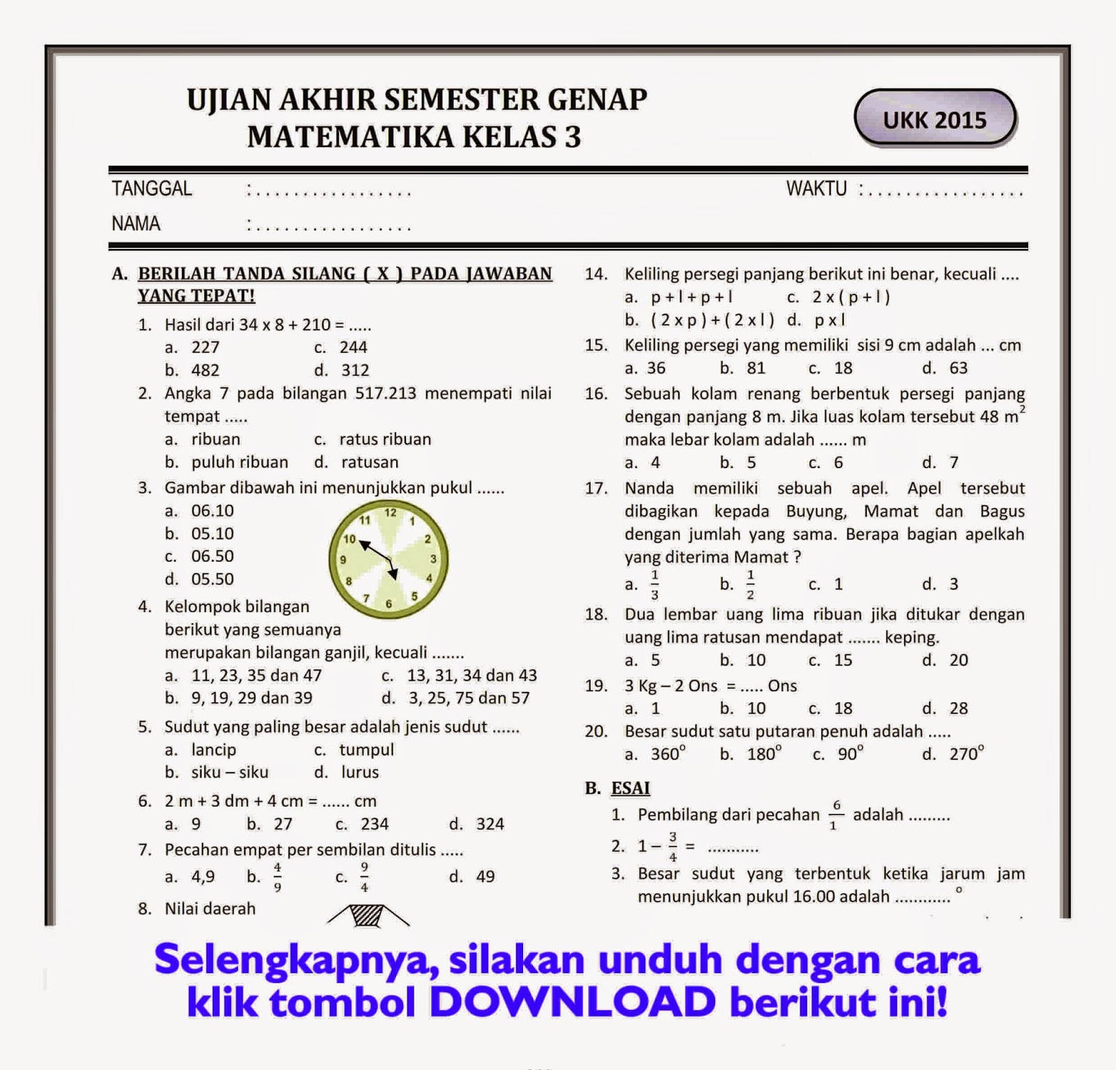 Akhirnya Tersedia! Ini Link Download Soal UKK Matematika Kelas 3 Semester 2 Kurikulum Merdeka 2026 yang Wajib Dicoba