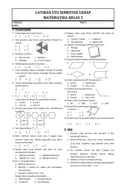 Soal Matematika kelas 3 sd semester 1 DOCX Soal Matematika kelas 3 sd semester 1 DOCX