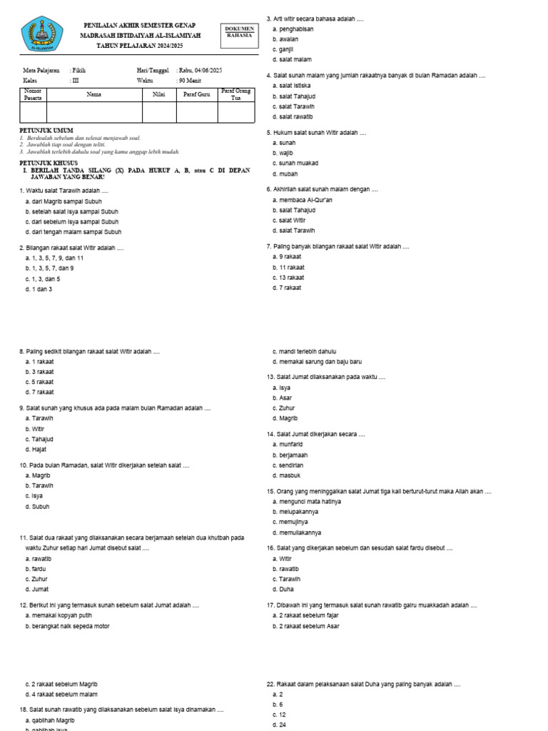 Soal Fiqih Kelas 3 MI Semester 1 PDF