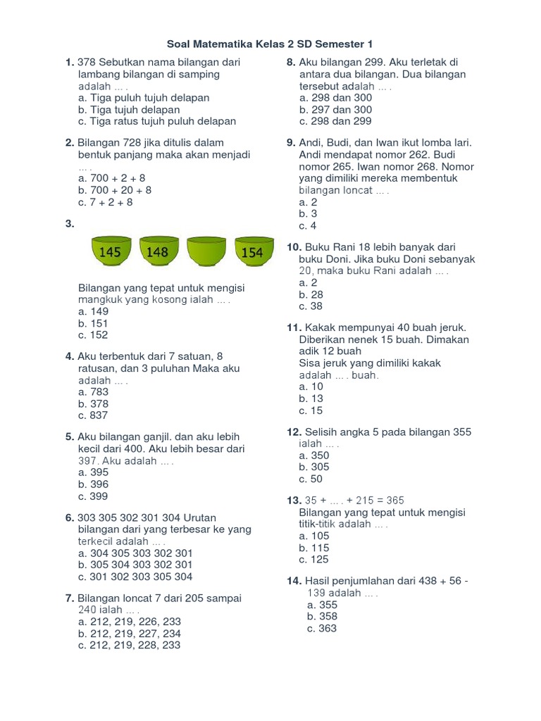 Soal Matematika Kelas 2 SD Semester 1 PDF Soal Matematika Kelas 2 SD Semester 1 PDF