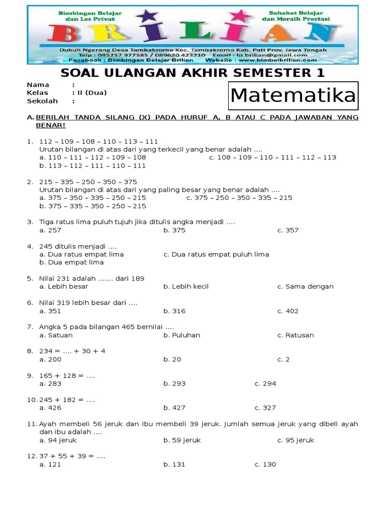 Ternyata Ini Dia Kunci Jawaban Soal Matematika Kelas 2 SD Semester 1 yang Jarang Diketahui Orang Tua