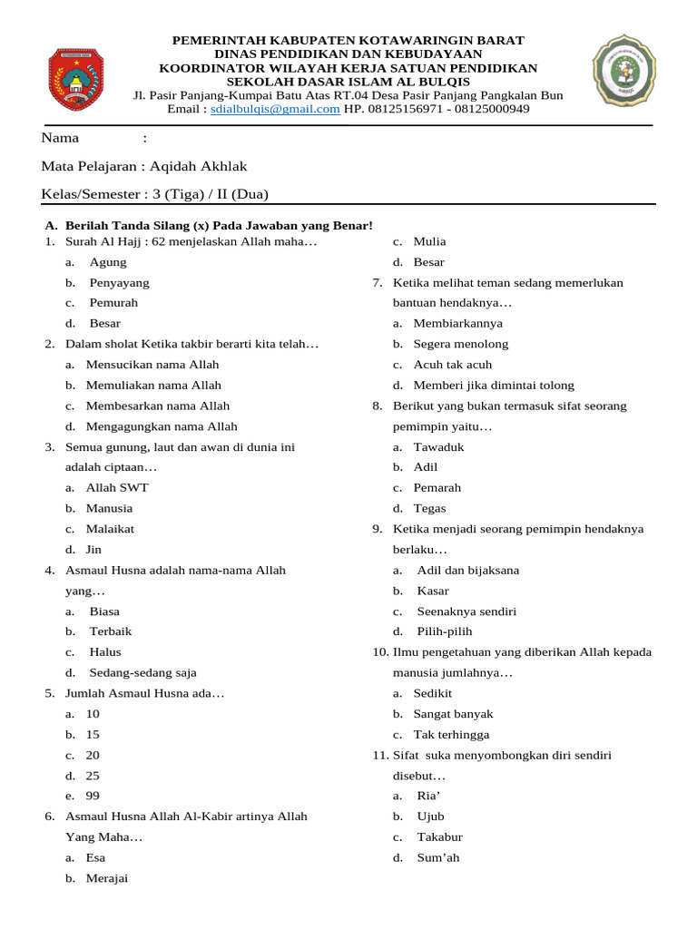 Soal Aqidah Akhlak Kelas 3 SD PDF