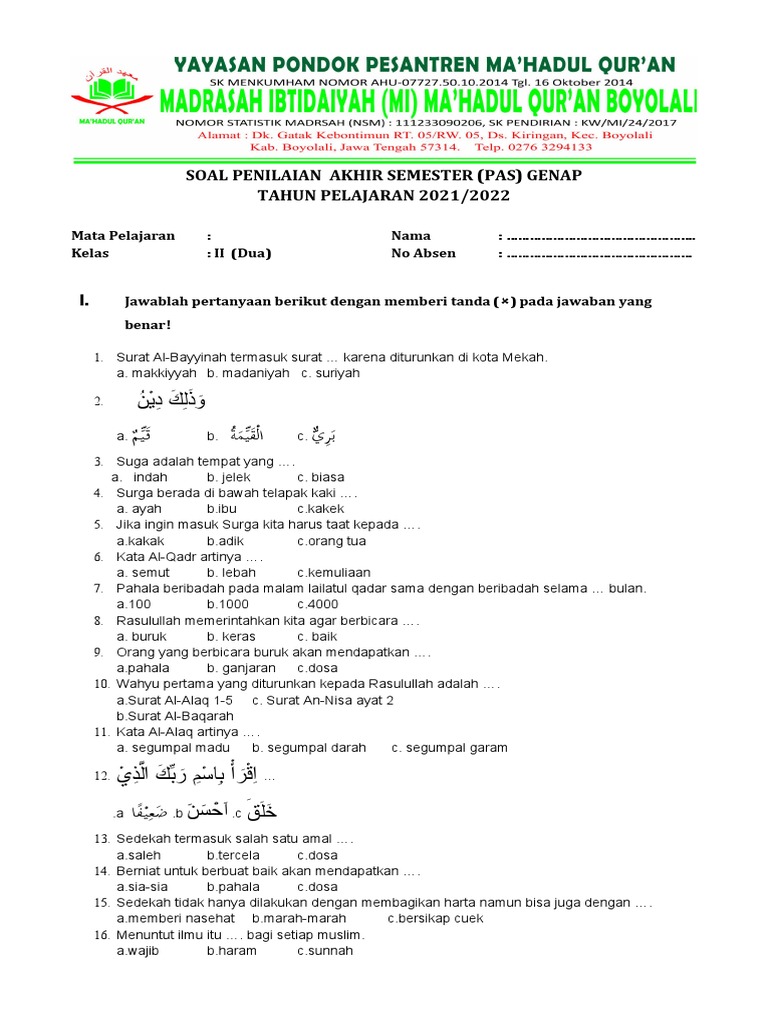 Mengukur Pemahaman Awal Contoh Soal UKK Quran Hadis Kelas 1 Semester 1