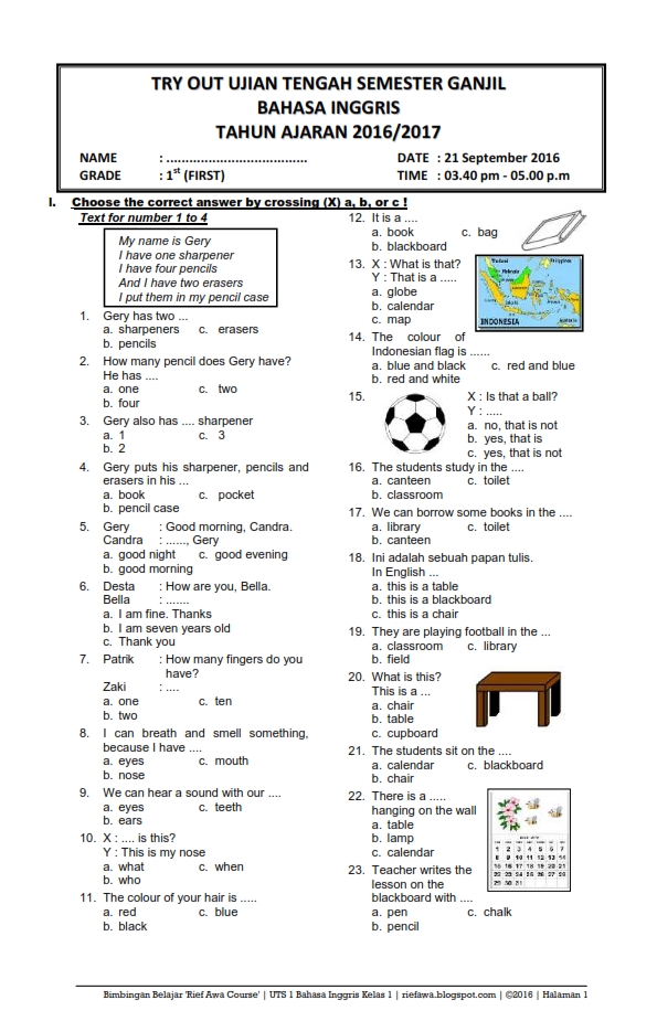 soal ujian bahasa inggris kelas 1 sd soal ujian bahasa inggris kelas 1 sd