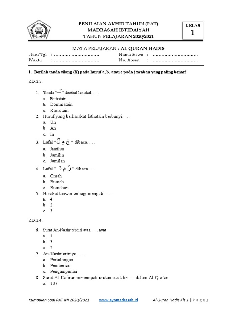Persiapan Ujian Akhir! Inilah Contoh Soal PAT Qurdis MI Kelas 1 Sem 2 Terbaru