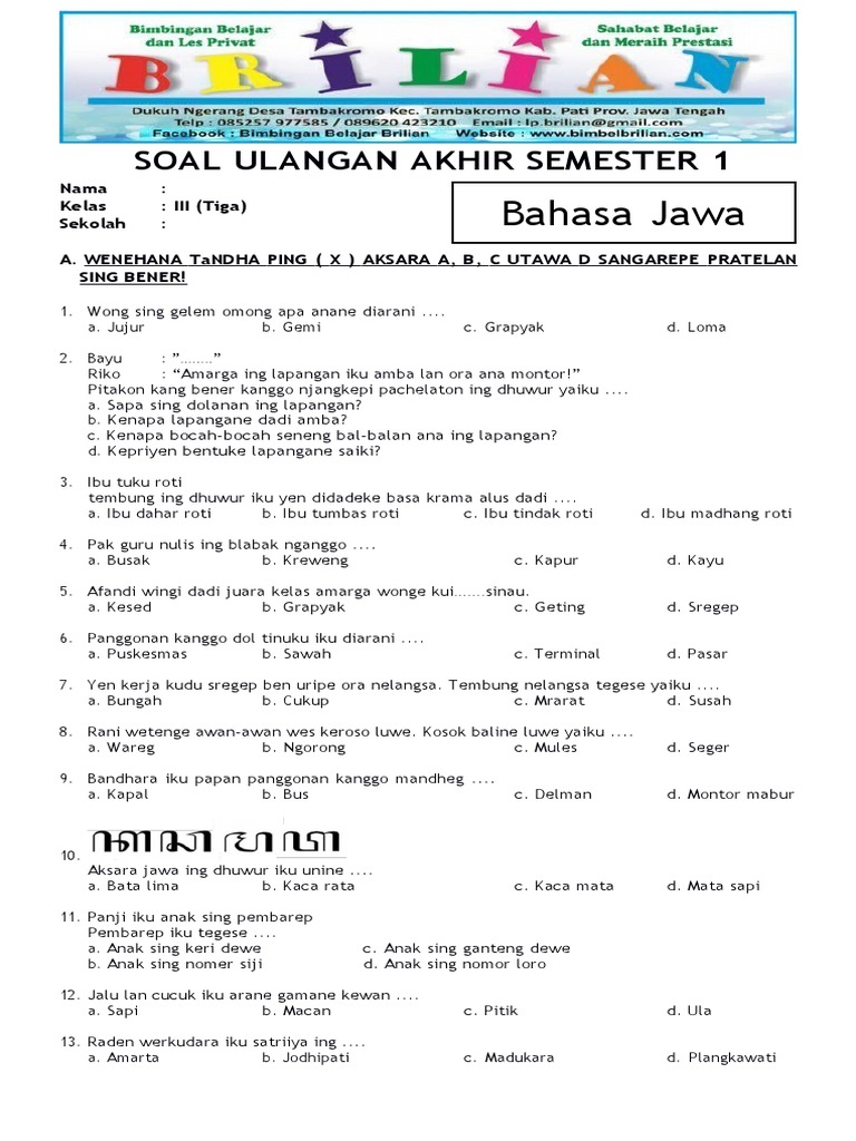 Wajib Tahu Bocoran Soal UAS Semester 1 Bahasa Jawa Kelas 3 SD Agar Nilai Maksimal